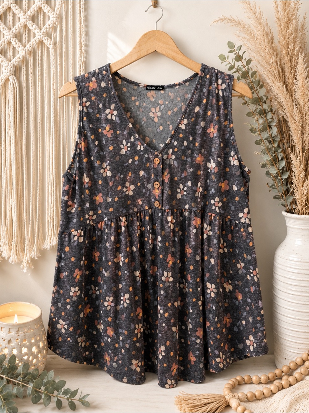 HEIMISH USA Charcoal Floral Button-Front V-Neck Swing Tank